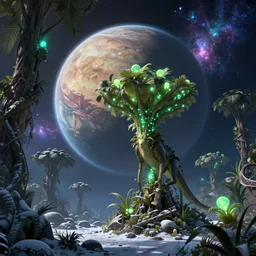 exoplanet planet alien flore plant mass effect jungle winter andromeda krogan nebula aurora wallpaper 3 d pixar disney digital cgi rtx hdr painting bioluminance alena aenami artworks in 4 kby loish beeple, by thomas kinkade