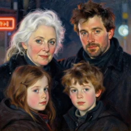 winter, family, colin farrell with white haired emilia clarke, neon light, detailed faces, painting by gaston bussiere, craig mullins, j. c. leyendecker