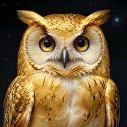 the portrait of a smiling golden owl in the depths of the universe, an ultrafine hyperdetailed illustration by kim jung gi, irakli nadar, intricate linework, bright colors, octopath traveler, final fantasy, unreal engine 5 highly rendered, global illumination, radiant light, detailed and intricate environment, - w 9 6 0