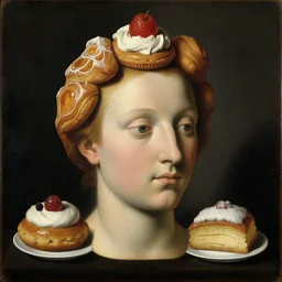 a head made out of pastries and cakes by giuseppe arcimboldo, oil on canvas