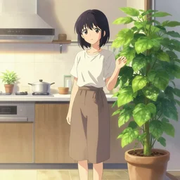 a woman standing in a kitchen next to a plant, a storybook illustration by kiyohara tama, pixiv contest winner, magic realism, pixiv, official art, anime aesthetic