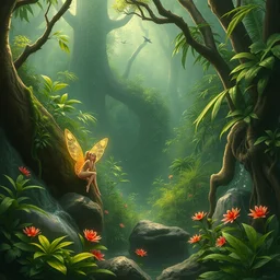 fairy in the jungle, magical environment, realistic