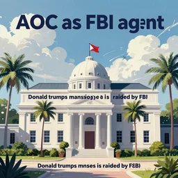 illustration of 'AOC as FBI agent', 'Donald trumps mansion is raided by FBI', miami. Illustration