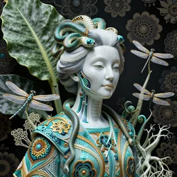 cinema 4d colorful render, organic, dark scene, ultra detailed, of a porcelain old woman's with snake hair. biomechanical, analog, macro lens, hard light, big leaves and large Dragonflies, stems, roots, fine foliage lace, turquoise gold details, high fashion haute couture, art nouveau fashion embroidered,  intricate details, mesh wire, mandelbrot fractal, anatomical, facial muscles, cable wires, elegant, hyper realistic, in front of dark flower pattern wallpaper, ultra detailed