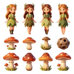 game asset sheet, 2 d sprite, folklore fairies and toadstools props and gadgets, no background