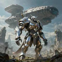 highly detailed elden ring portrait photo of a huge chrome plated mumakil in scenic dystopian environment. an even bigger massive mothership spaceship lifts off in the background, hyperrealistic illustration by william didier - pouget