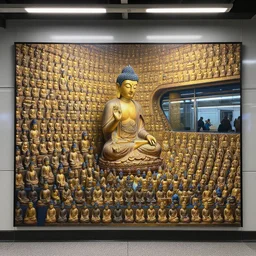 a beautiful painting the subway station is full of hundreds of buddhas, by ultra detailed, hyper realistic, volumetric lighting render
