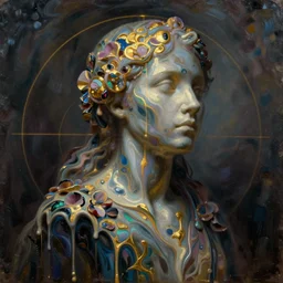 👾👗🛸🌈, paint drip, phantom, dreary, flowery details, dramatic, fluid, iridescent, golden ratio, artstation, moebius + loish + wlop, hd, oil painting, hyper realistic,