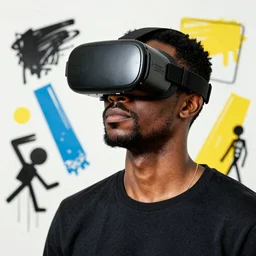 a man wearing a virtual reality headset, in the style of jean-michel basquiat
