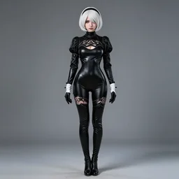 a fullbody portrait of a thin slender 2 b from nier automata, white hair : : in a black latex catsuit, long sleeves, turtleneck : : cosplay, photography, studio photography, real lighting, realistic, hd : :