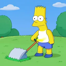 chrome homer simpson mowing the grass in a tank top