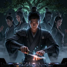 a warrior cutting off finger with knife, dj booth with a bodhi tree, close up : 6 character design : 2 midnight, illusion, stunning, breathtaking, majestic, asian fantasy, digital render, line art, unreal engine, de - noise, 8 k, volumetric lighting, symmetrical, pronounced features, detailed contrast, scattered mist, glow 3 d alejandro alvarez alena aenami