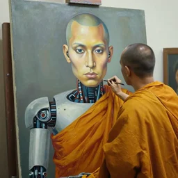 robot monk painting a self - portrait on a canvas. intricate, highly detailed, photorealistic, film still, by yves tanguy.
