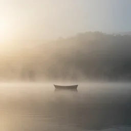 landscape with boat on a lake, surrealism, beautiful light, HDR, hazy, foggy, atmospheric perspective, volumetric fog, cinematic, zoom 1000mm lens, anamorphic lens flare, photographic, cinematography by roger deakins, in the style of ansel adams, low details,