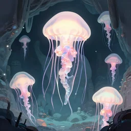 jellyfish, cthulhu proudly posing for portrait in deep dark sea cave, great old ones, lovecraftian, pixiv fanbox, dramatic lighting, maximalist pastel color palette, splatter paint, pixar and disney concept, graphic novel by fiona and dustin nguyen, peter elson, alan bean, wangechi mutu, clean cel shaded vector art, on artstation