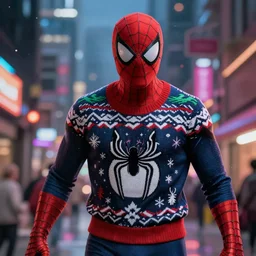 spiderman in a christmas sweater, 8 k photo, portrait, dynamic lighting, fantasy concept art, trending on art station, stunning visuals, creative, cinematic, ultra detailed, comic strip style
