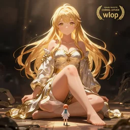 giant anime girl sitting on a miniature cuty by wlop
