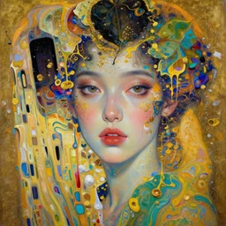 close - up portrait of beautiful girl by irakli nadar with intricate detailed color smashing fluid oil paint, color leaves, melting wax, golden particles, fluid acrilic, abstract impressionism, ruan jia, fantasy, hyper detailed, concept art, by peter mohrbacher and gustav klimt,