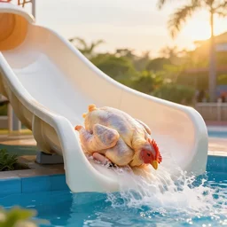 raw chicken going down a waterslide in a waterpark, by marc adamus, sunset, beautiful
