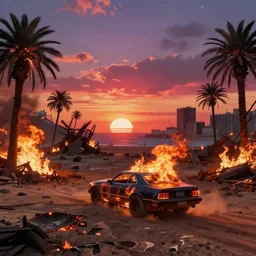 wide shot epic car on fire post apocalyptic landscape wasteland miami desert fire craters natural disasters miami beach sunset fucked up palm trees landscape on fire 80s retrowave unreal engine apocalypse