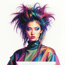 portrait of a post modern cyber fashion model with an exuberant hair style, colorful, octane render, vray, detailed, halftoned, editorial illustration, matte print, grainy light, ( ( dither ) ), risograph, high contrast, screen print, grainy texture