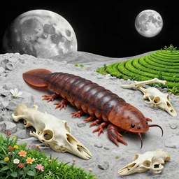 huge woodlouse, axolotl, bones of dead animals, a landscape on the moon with many craters, tea terraces, a beautiful flowering garden, a lot of exotic vegetations, trees, intricate detaild, pale colors, 8 k, in the style of martin johnson heade and roger dean