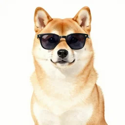watercolor art of a shiba inu dog wearing sunglasses