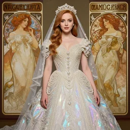 young 1 8 - year old christina hendricks wearing an iridescent wedding dress covered in pearls, highly detailed, intricate, by bouguereau, alphonse mucha, and donato giancola