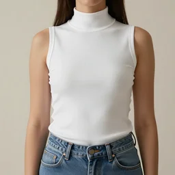 Woman in White Sleeveless turtleneck t-shirt and jeans. Highly detailed, 50mm, cinematic, hyperrealistic