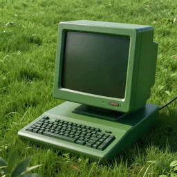 photorealistic render picture of a giant minitel computer in the grass, science fiction, highly detailed, dark green lut, 4 k, still picture of arrival