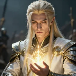 extreme closeup portrait of an aasimar man with platinum blonde hair wearing white and gold and black vestments under armor casting a holy ritual with golden magic on a battlefield, detailed, realistic, Greg Rutkowski, 4k, pensive, dungeons and dragons, dramatic lighting, trending on Artstation, sharp focus, elegant