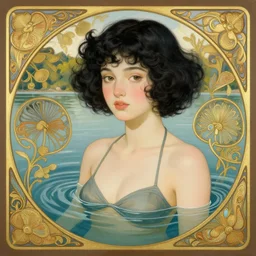 beautiful cottagecore of a girl with short black curly hair, round face, cute face, wearing a bikini. Inside the water at a lake. intricate, elegant. highly detailed, digital painting, artstation, concept art, smooth, sharp, focus, illustration. art by artgerm and greg rutkowski alphonse mucha and Marat Safin