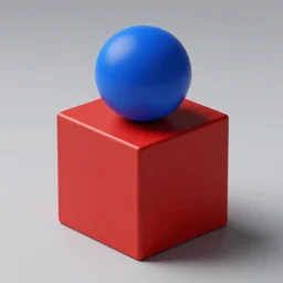 a red cube with a blue ball over it