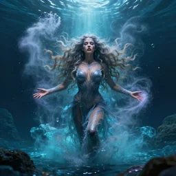 abyss magic being performed by sela surprising the hero agian with magic dust visible and ocean next to it