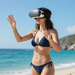 an attractive women in a bikini wearing the quest 5 vr headset in the year 2 0 3 9.