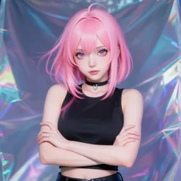 pink haired anime woman in her 3 0 s looking at the camera with her arms crossed, motion blur, holographic,