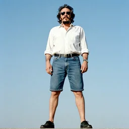 fidel castro wearing sunglasses and denim!!!!! shorts!!!!!, low angle, full body portrait, 3 5 mm film, clear face, by nan goldin