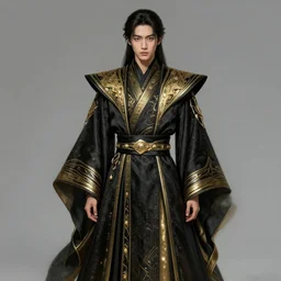 Photorealistic illustration of Korean fashion model in Star Wars sith black and gold robes, sci-fi, futuristic, intricate, elegant, highly detailed, digital painting, artstation, concept art, smooth, sharp focus, art by artgerm, greg rutkowski