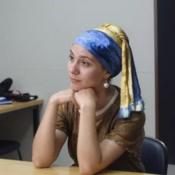 casual photograph of a woman sitting in a studio room pensively, with the poise and appearance of the ( ( ( ( ( ( ( girl with a pearl earring ) ) ) ) ) ) ) ), taken in 2 0 1 9 with a digital camera, full color, head shot