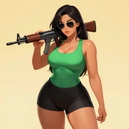 beautiful curvy anime girl with athletic feminine body, m 4 assault rifle over shoulder, confident pose, long hair, green tank top, black shorts, aviator classic sunglasses, anatomically correct, tanned body, art by dustin nguyen akihiko yoshida greg tocchini, empty background, elegant, vibrant colors, morandi color scheme, octane render, commission art