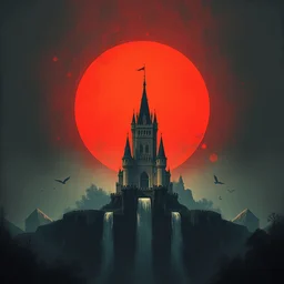 a painting of a dreadful red sun over a castle with a waterfall in front of it. digital painting, vertical, intricate, beautiful, detailed, grunge, sharp focus, abstract art by el lissitzky and artgerm and kandinsky and kuvshinv, trending on artstation. gradient darker to bottom