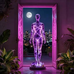 beautiful mannequin sculpted out of amethyst by billelis + lit with 3 d geometric neon + facing a doorway opening with neon pink geometric fractal light + flowering hosta plants!!!, moon + city of los angeles in background!! dramatic, rule of thirds, award winning, 4 k, trending on artstation, photorealistic, volumetric lighting, octane render