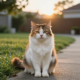 a fluffy cute calico cat sitting on the corner of a front yard outside in the late afternoon on a beautiful summer day, sunset