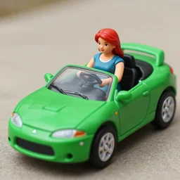 a red haired woman driving a Jada toys mitsubishi eclipse green diecast car, the woman is inside the toy car, high resolution macro photo