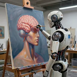 photorealistic illustration of a sci - fi android artist in a modern art studio, making and oil painting of a human brain on a large canvas, beeple, deviantart, cgsociety, behance