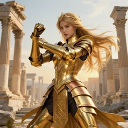 knights of zodiac girl, golden and copper armor, karate fighting in ruined agora of athens sunrise, ssci - fi and fantasy, intricate and very very beautiful and elegant, highly detailed, digital painting, artstation, concept art, smooth and sharp focus, illustration, art by tian zi and wlop and alphonse mucha