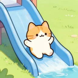 art by kawaci, cute cat sliding down a water slide