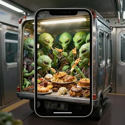 hyperrealisitc iphone photograph of subway garbage car full of aliens eating old food, deep displacement, back light, reflections, raytracing, raymarching, subsurface scattering, textures by bernie wrightson, render by lucasfilm