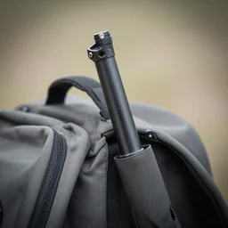 a backpack with a rifle barrel sticking out of the top. photo taken by a 2,2mm lens, the lens has dust on it.