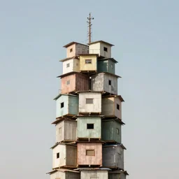 a tower made up of makeshift squatter shacks with soft colours, mamiya, f 1. 7, fully frontal view, uniform plain sky, fine details, photographed by julie blackmon